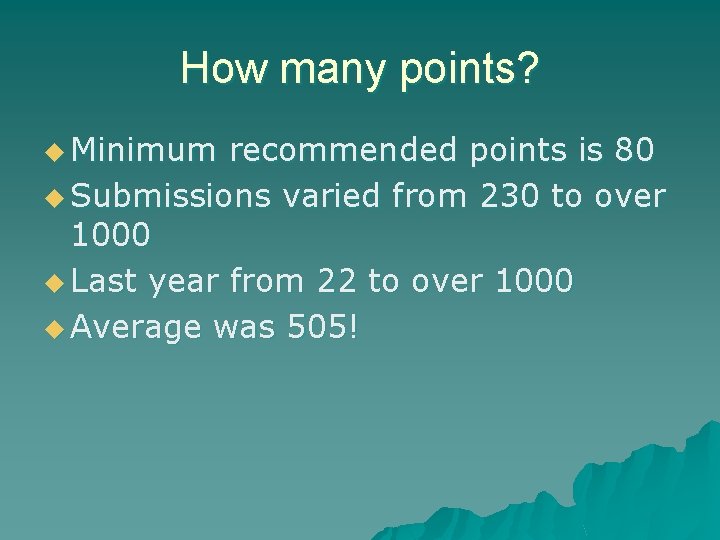 How many points? u Minimum recommended points is 80 u Submissions varied from 230