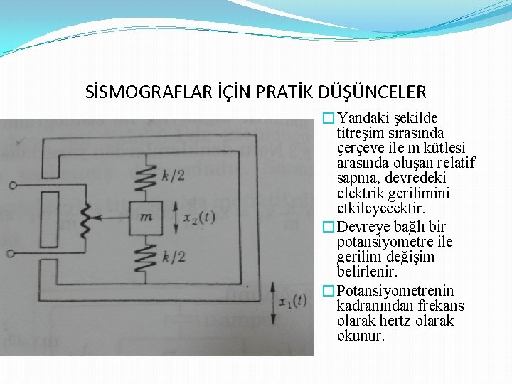 SİSMOGRAFLAR İÇİN PRATİK DÜŞÜNCELER �Yandaki şekilde titreşim sırasında çerçeve ile m kütlesi arasında oluşan