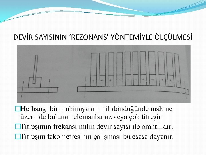 DEVİR SAYISININ ‘REZONANS’ YÖNTEMİYLE ÖLÇÜLMESİ �Herhangi bir makinaya ait mil döndüğünde makine üzerinde bulunan