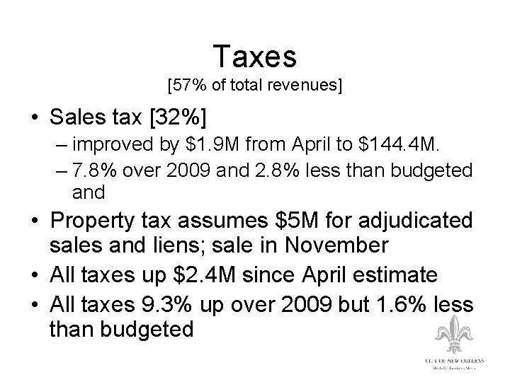 Taxes [57% of total revenues] • Sales tax [32%] – improved by $1. 9