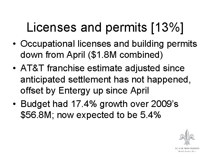 Licenses and permits [13%] • Occupational licenses and building permits down from April ($1.