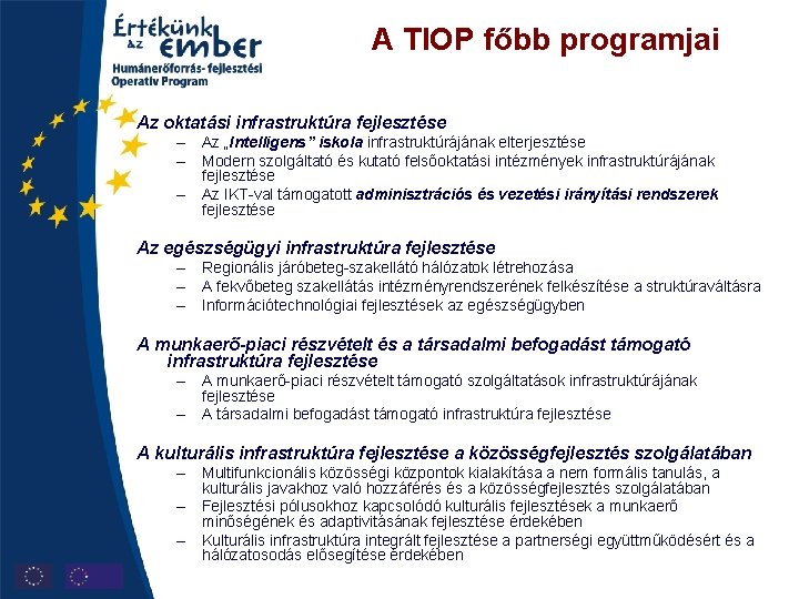 A TIOP főbb programjai Az oktatási infrastruktúra fejlesztése – Az „Intelligens” iskola infrastruktúrájának elterjesztése