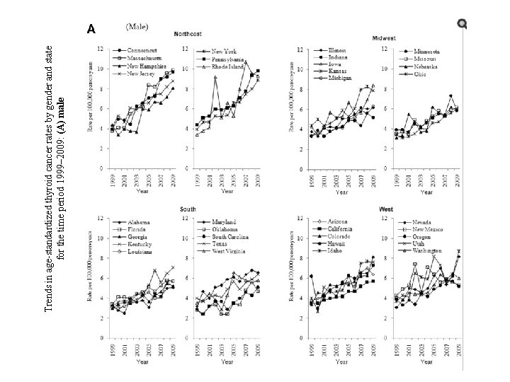 Trends in age-standardized thyroid cancer rates by gender and state for the time period