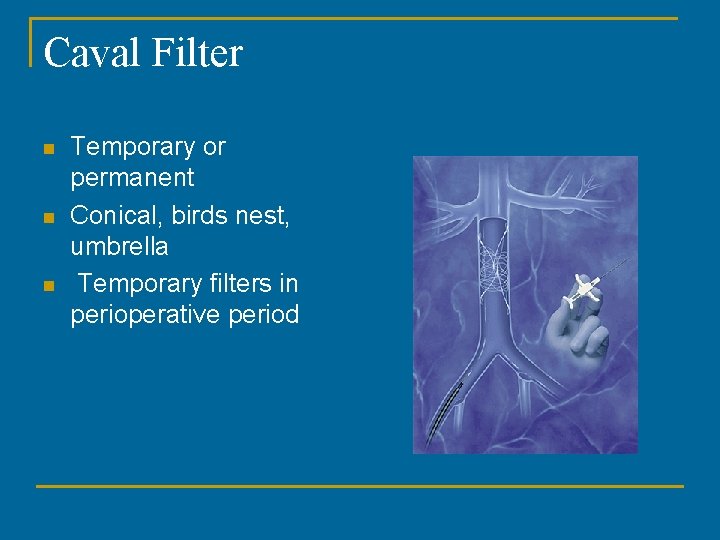 Caval Filter n n n Temporary or permanent Conical, birds nest, umbrella Temporary filters