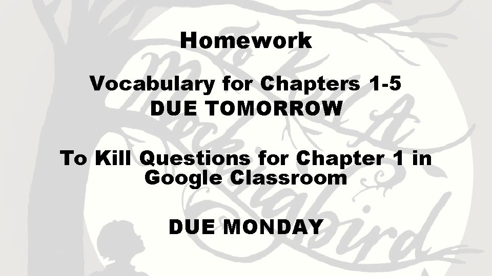 Homework Vocabulary for Chapters 1 -5 DUE TOMORROW To Kill Questions for Chapter 1