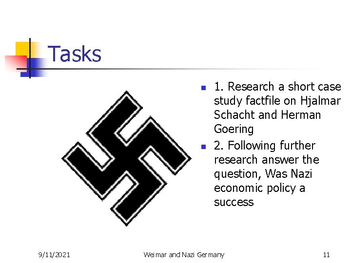 Tasks n n 9/11/2021 1. Research a short case study factfile on Hjalmar Schacht
