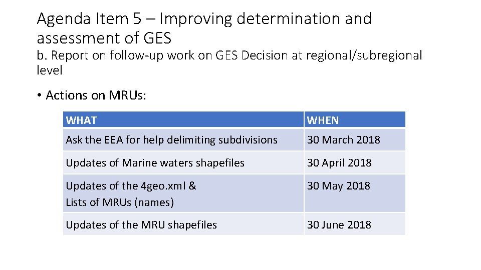 Agenda Item 5 – Improving determination and assessment of GES b. Report on follow-up