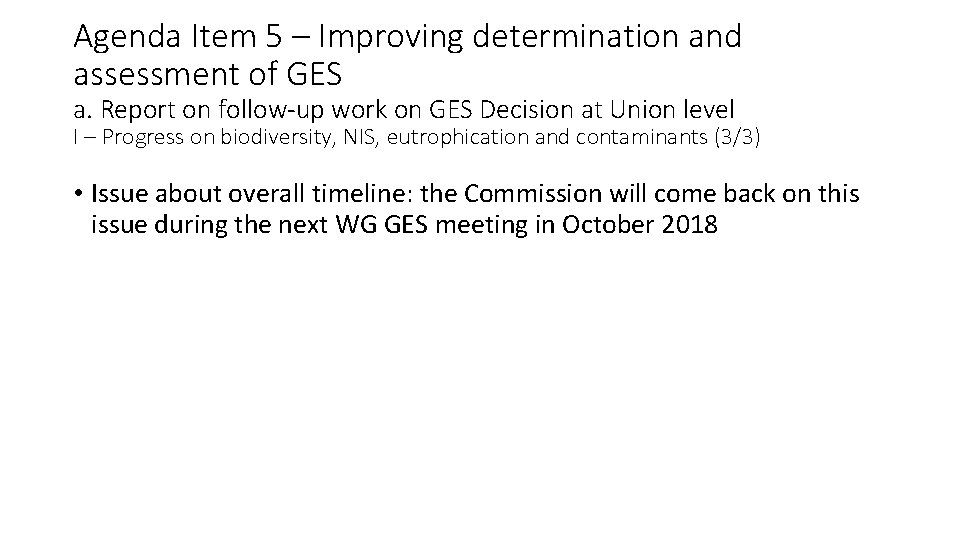 Agenda Item 5 – Improving determination and assessment of GES a. Report on follow-up