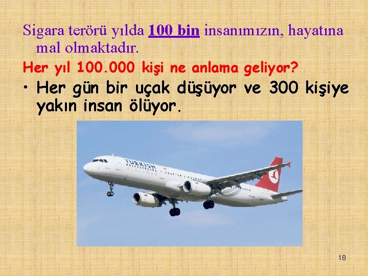 Sigara terörü yılda 100 bin insanımızın, hayatına mal olmaktadır. Her yıl 100. 000 kişi