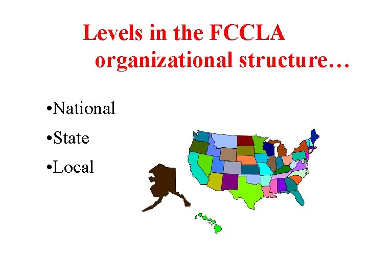 Levels in the FCCLA organizational structure… • National • State • Local 