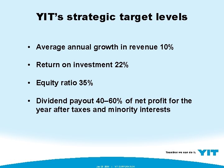 YIT’s strategic target levels • Average annual growth in revenue 10% • Return on