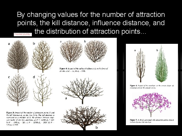 By changing values for the number of attraction points, the kill distance, influence distance,