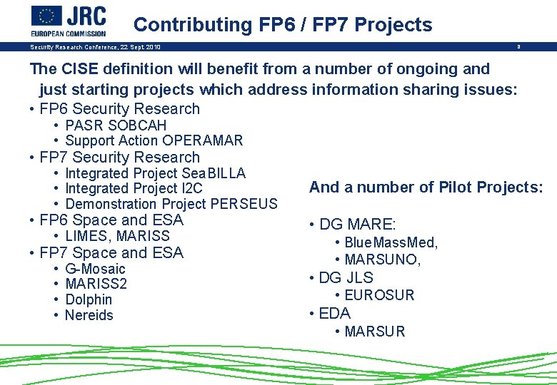 Contributing FP 6 / FP 7 Projects Security Research Conference, 22 Sept. 2010 8