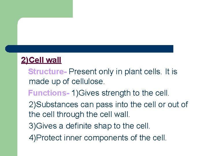 2)Cell wall Structure- Present only in plant cells. It is made up of cellulose. 2)Cell wall Structure- Present only in plant cells. It is made up of cellulose.