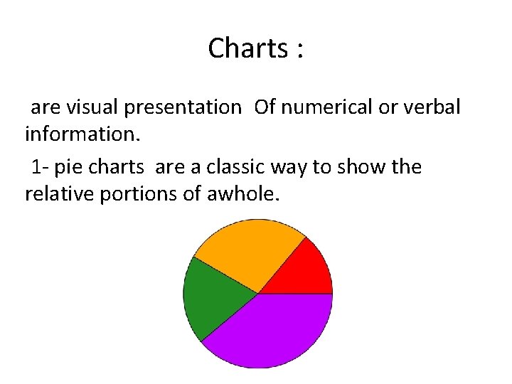 Charts : are visual presentation Of numerical or verbal information. 1 - pie charts Charts : are visual presentation Of numerical or verbal information. 1 - pie charts