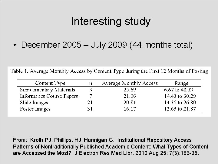 Interesting study • December 2005 – July 2009 (44 months total) From: Kroth PJ,