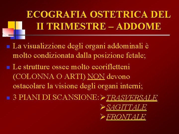 ECOGRAFIA OSTETRICA DEL II TRIMESTRE – ADDOME n n n La visualizzione degli organi