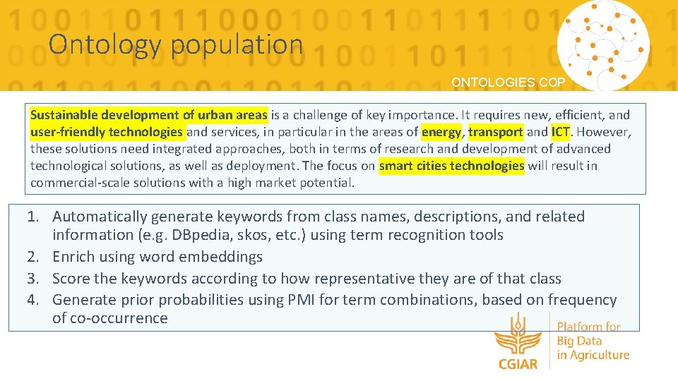 Ontology population ONTOLOGIES COP Sustainable development of urban areas is a challenge of key