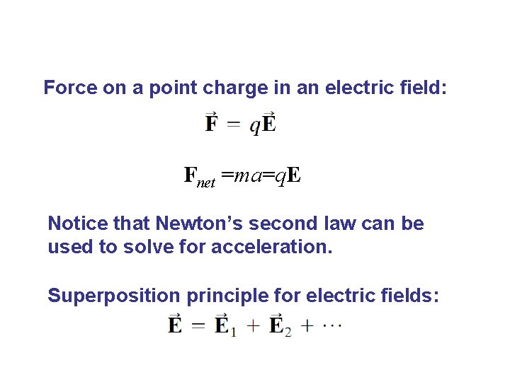 Force on a point charge in an electric field: Fnet =ma=q. E Notice that