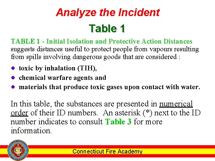 Analyze the Incident Table 1 TABLE 1 - Initial Isolation and Protective Action Distances