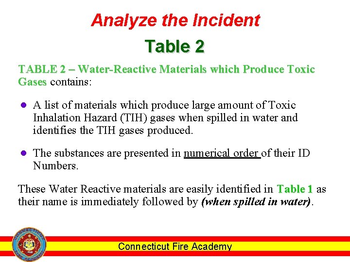 Analyze the Incident Table 2 TABLE 2 – Water-Reactive Materials which Produce Toxic Gases