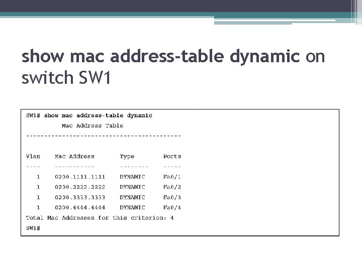 show mac address-table dynamic on switch SW 1 