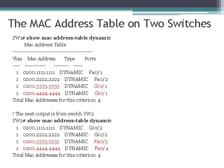 The MAC Address Table on Two Switches SW 1# show mac address-table dynamic Mac