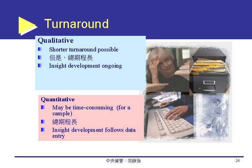 Turnaround Qualitative Shorter turnaround possible 但是，總期程長 Insight development ongoing Quantitative May be time-consuming (for