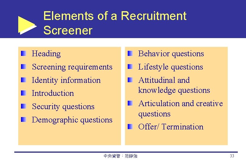 Elements of a Recruitment Screener Heading Behavior questions Screening requirements Lifestyle questions Identity information