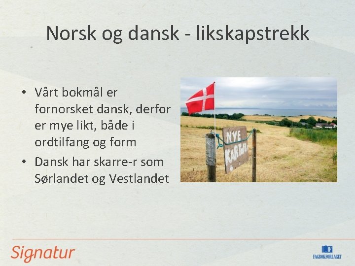 Norsk og dansk - likskapstrekk • Vårt bokmål er fornorsket dansk, derfor er mye
