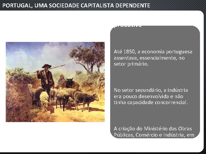 PORTUGAL, UMA SOCIEDADE CAPITALISTA DEPENDENTE A dinamização da atividade produtiva Até 1850, a economia