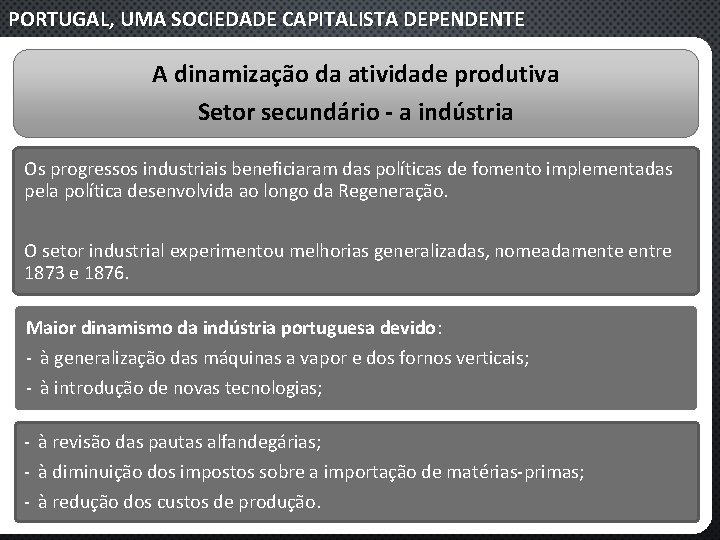 PORTUGAL, UMA SOCIEDADE CAPITALISTA DEPENDENTE A dinamização da atividade produtiva Setor secundário - a