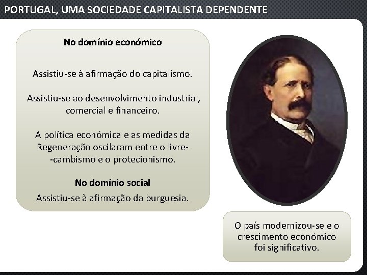 PORTUGAL, UMA SOCIEDADE CAPITALISTA DEPENDENTE No domínio económico Assistiu‐se à afirmação do capitalismo. Assistiu‐se