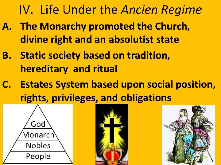IV. Life Under the Ancien Regime A. The Monarchy promoted the Church, divine right