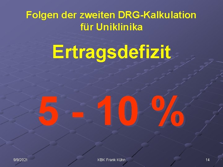 Folgen der zweiten DRG-Kalkulation für Uniklinika Ertragsdefizit 5 - 10 % 9/9/2021 KBK Frank