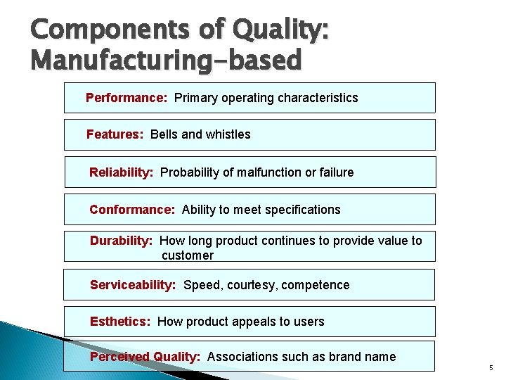 Components of Quality: Manufacturing-based Performance: Primary operating characteristics Features: Bells and whistles Reliability: Probability