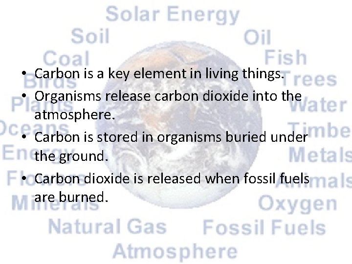  • Carbon is a key element in living things. • Organisms release carbon