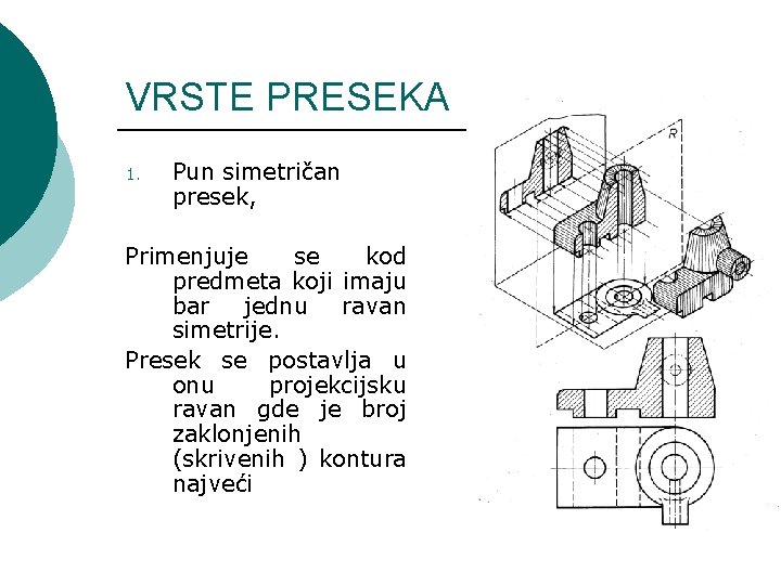 VRSTE PRESEKA 1. Pun simetričan presek, Primenjuje se kod predmeta koji imaju bar jednu