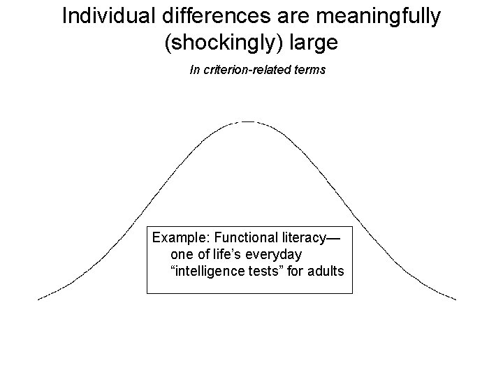 Individual differences are meaningfully (shockingly) large In criterion-related terms Example: Functional literacy— one of