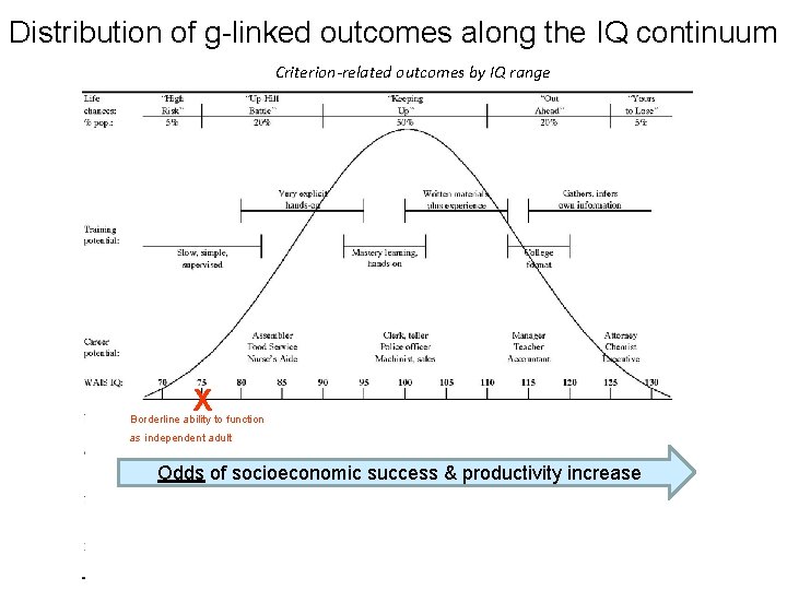 Distribution of g-linked outcomes along the IQ continuum Criterion-related outcomes by IQ range X