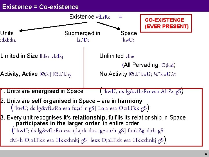 Existence = Co-existence Existence vf. Lr. Ro = Units Submerged in Space bdkb; ka