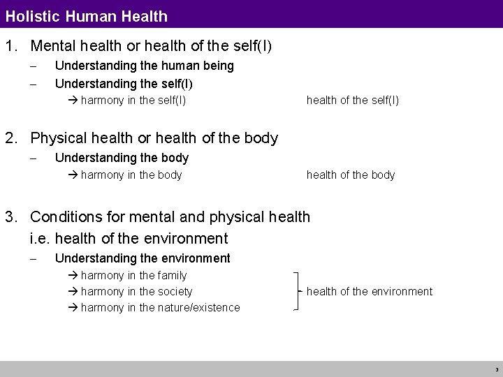 Holistic Human Health 1. Mental health or health of the self(I) - Understanding the