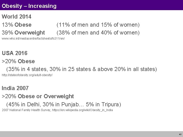 Obesity – Increasing World 2014 13% Obese 39% Overweight (11% of men and 15%