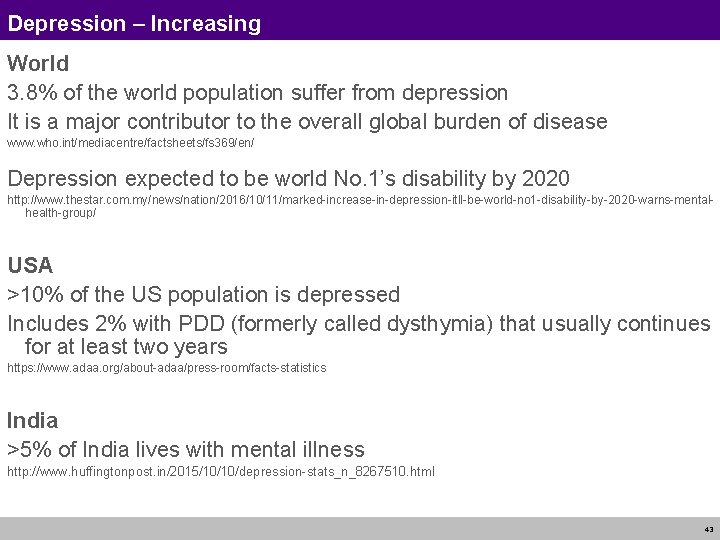 Depression – Increasing World 3. 8% of the world population suffer from depression It