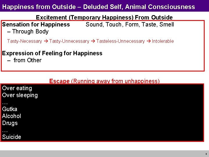 Happiness from Outside – Deluded Self, Animal Consciousness Excitement (Temporary Happiness) From Outside Sensation