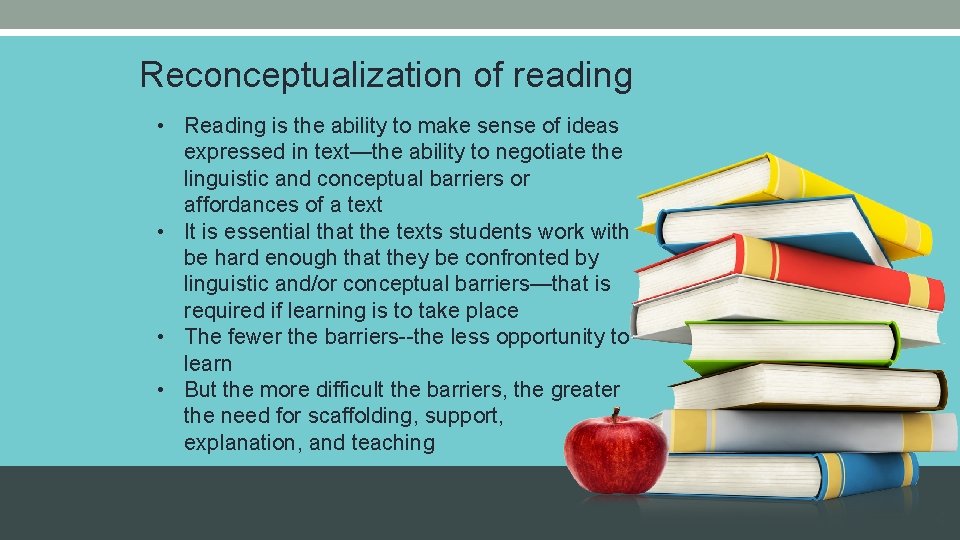 Reconceptualization of reading • Reading is the ability to make sense of ideas expressed