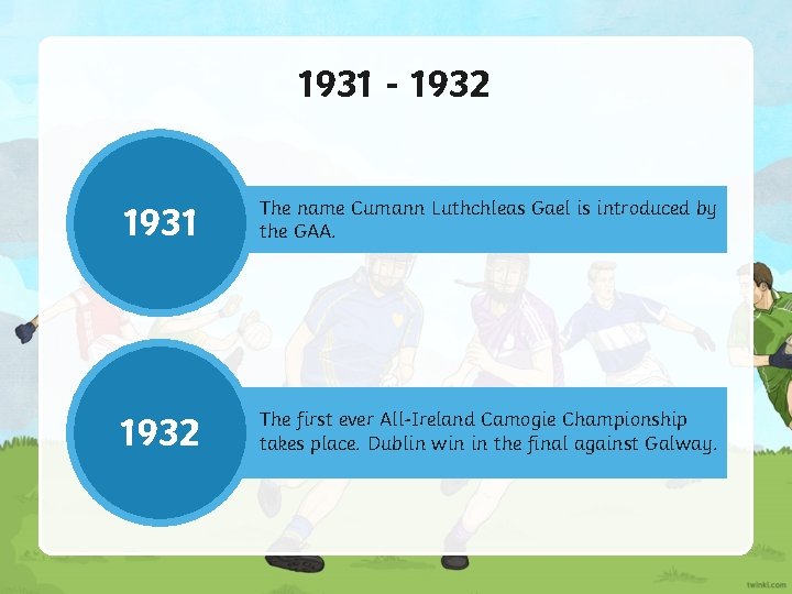1931 - 1932 1931 The name Cumann Luthchleas Gael is introduced by the GAA.