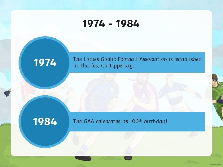 1974 - 1984 1974 The Ladies Gaelic Football Association is established in Thurles, Co