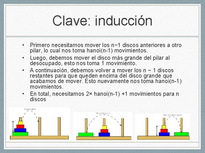 Clave: inducción • Primero necesitamos mover los n− 1 discos anteriores a otro pilar,