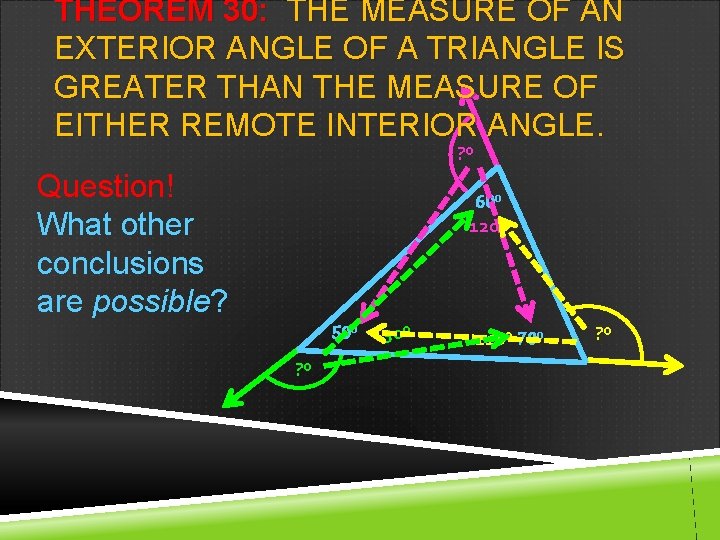THEOREM 30: THE MEASURE OF AN EXTERIOR ANGLE OF A TRIANGLE IS GREATER THAN